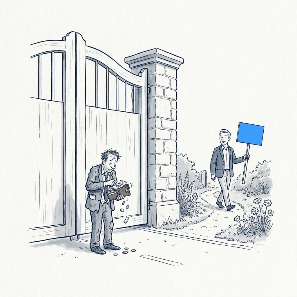 Tekening: een makelaar zoekt in zijn portefeuille voor een enorme poort terwijl een ander er via een tuinpad omheen loopt, met een blauw bord.