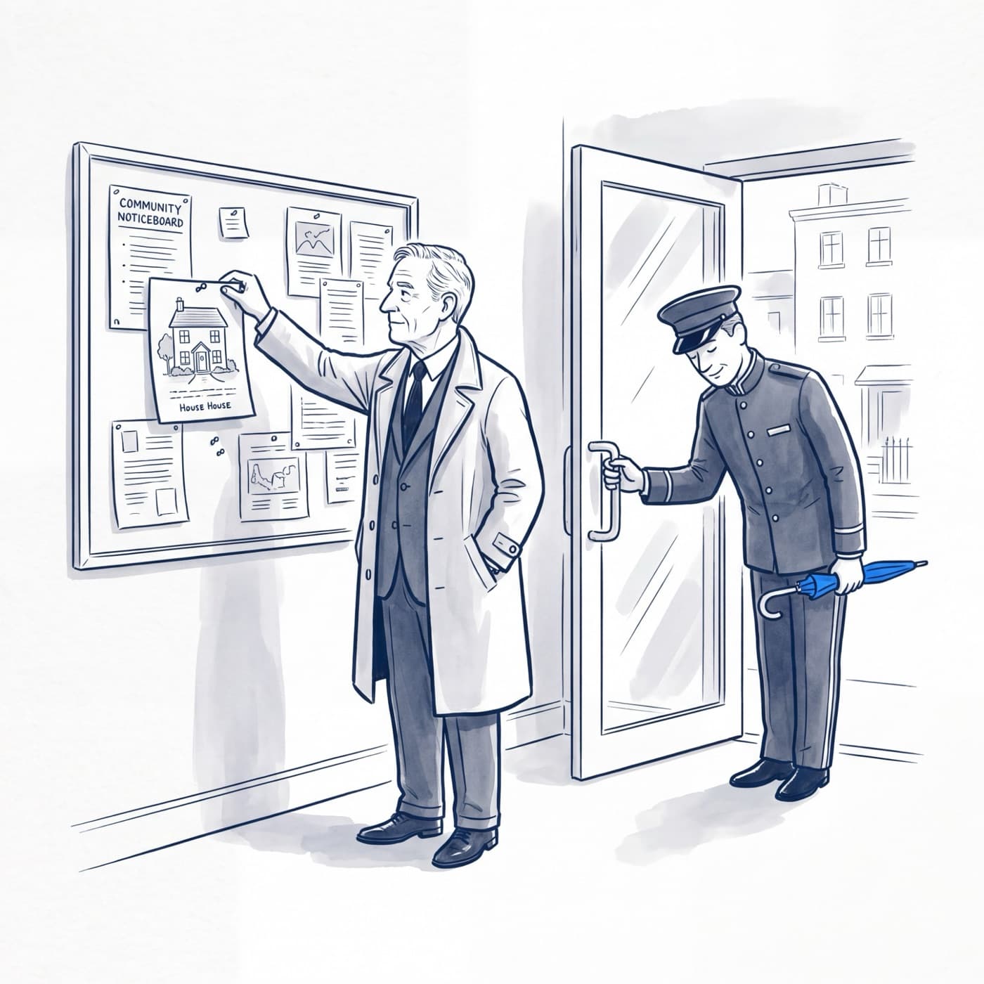 Tekening: een makelaar haalt zijn zoekertje van een prikbord; een portier houdt de deur open met een blauwe paraplu.