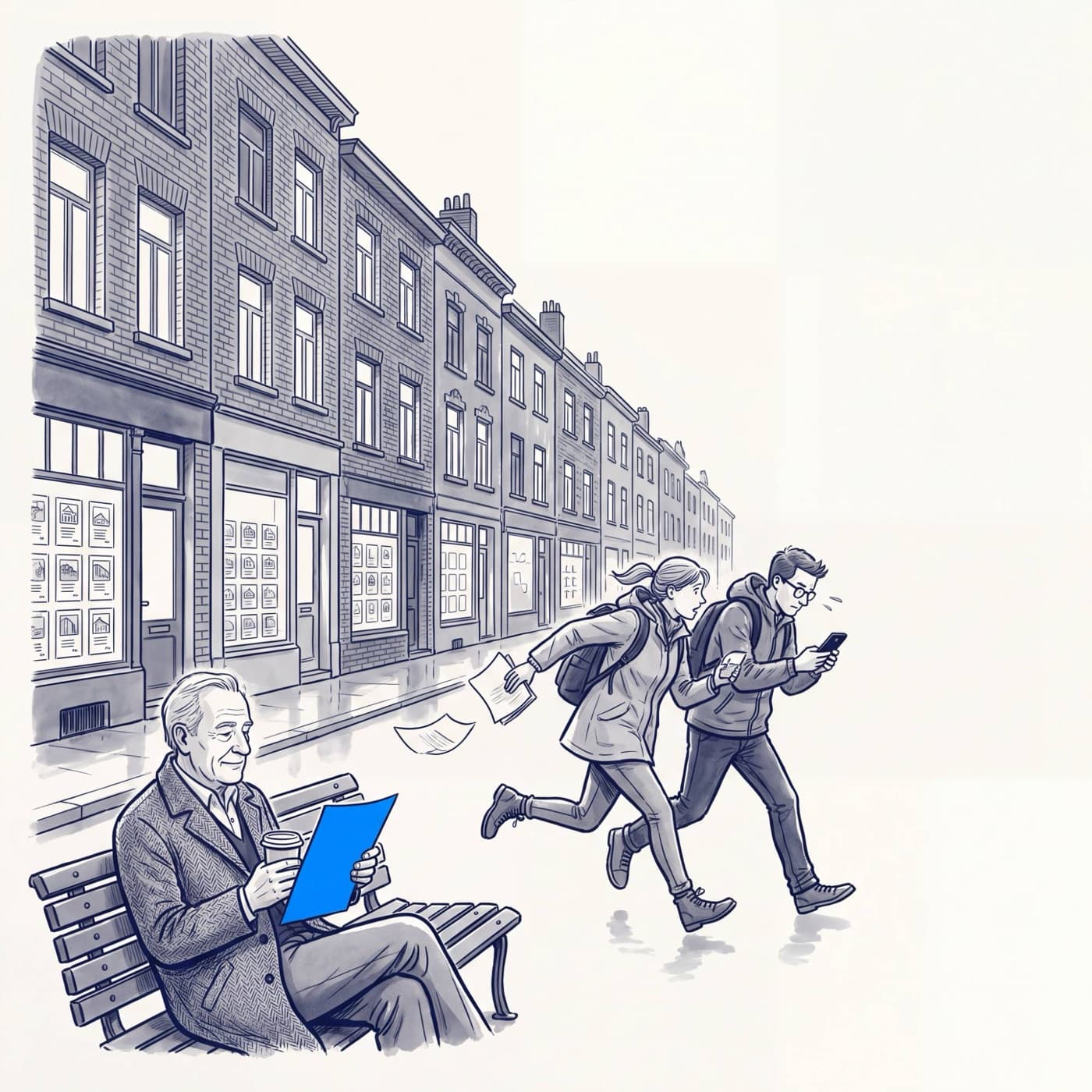 Tekening: een koppel rent van etalage naar etalage terwijl een man op een bank één blauw blad leest.